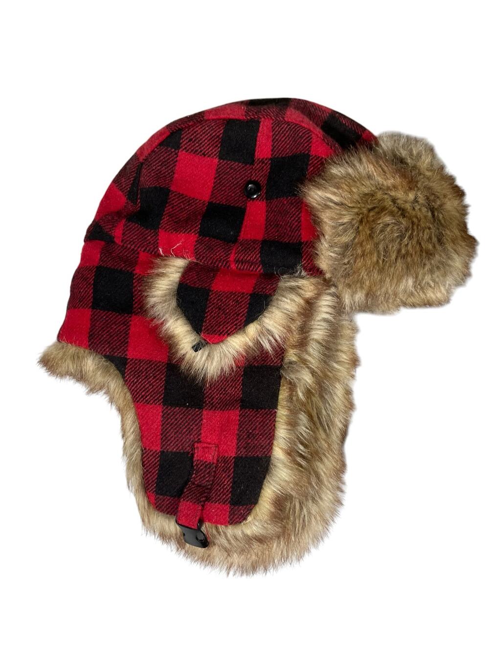 Ethos Men's OS Wool Blend Red Black Plaid  Faux Fur Lined Winter Trapper Hat